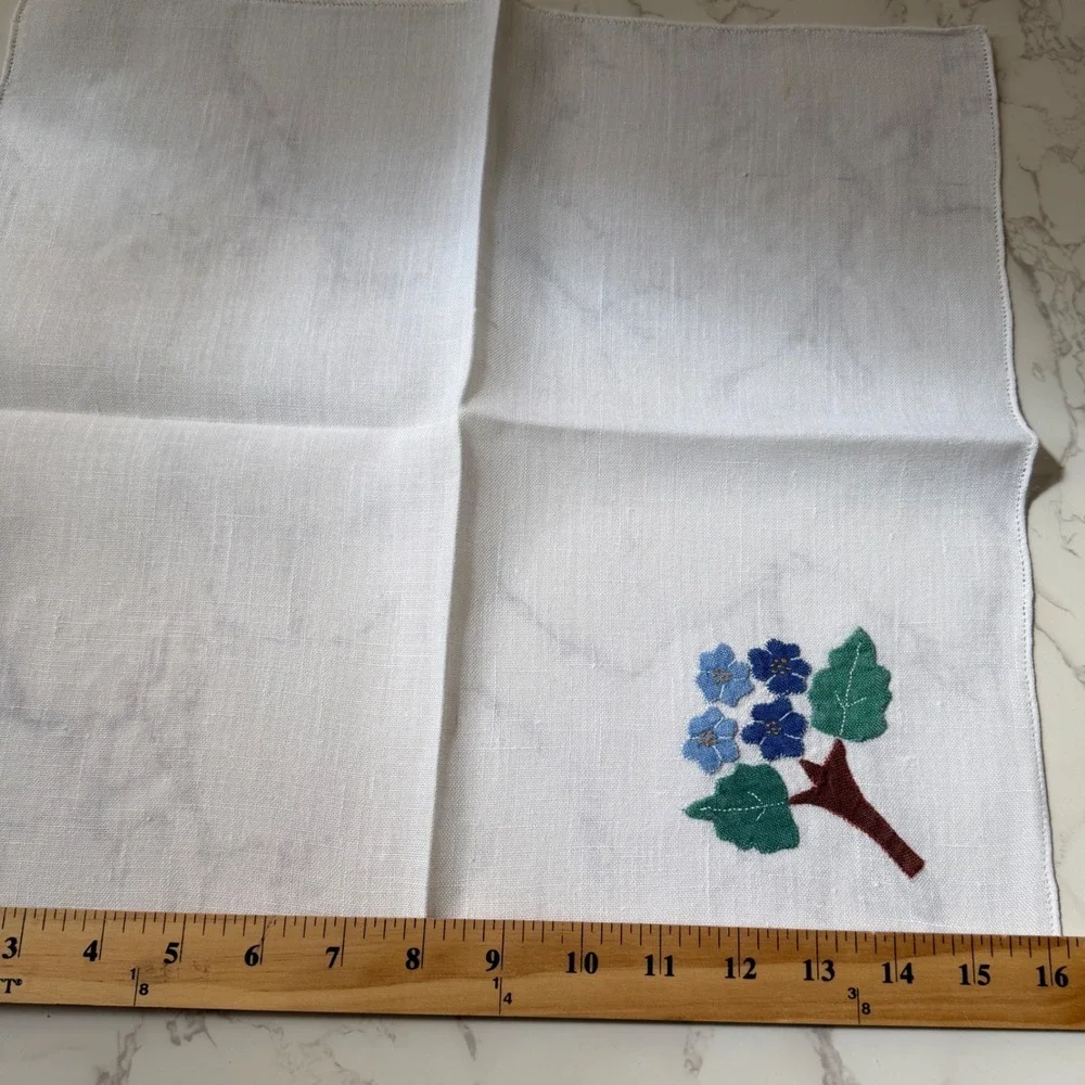 Vintage Set of 12 White Linen Napkins Blue Floral Hand Embroidered 11x11 Square
